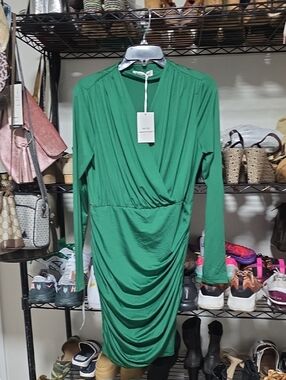 Grace Karin Emerald Green Long-Sleeve Draped Wrap Dress